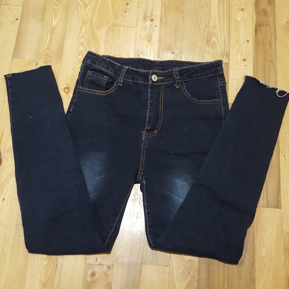 SHEIN High Rise Raw Hem Dark Wash Jeans